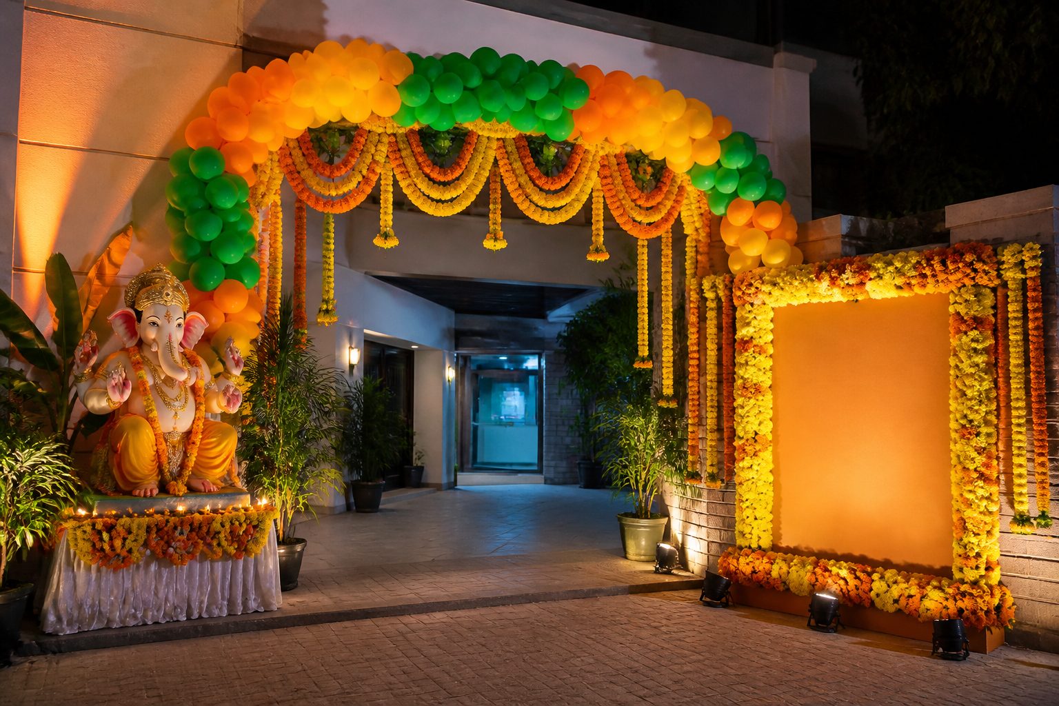 Society entrance arch with marigolds and balloons