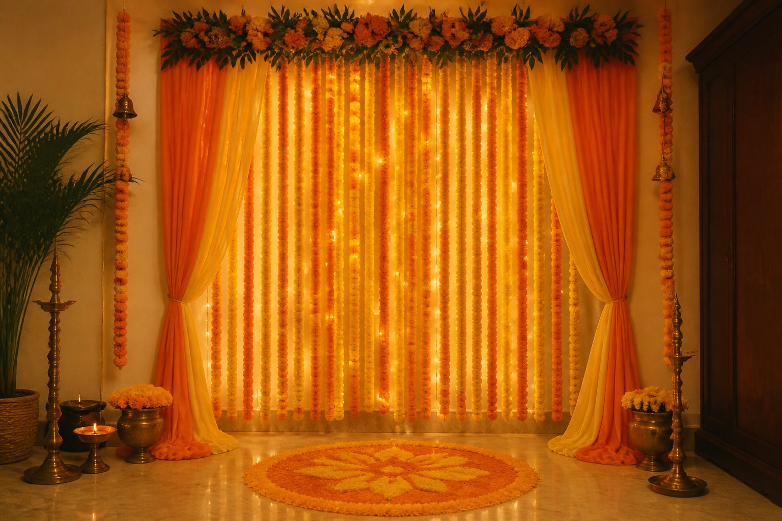 Festive photo corner with marigolds and lights